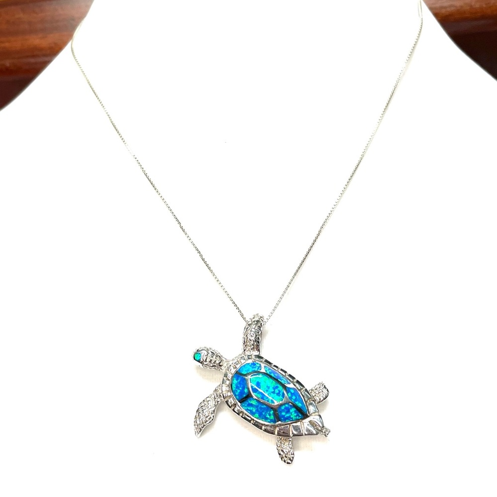 Sterling Silver Sea Turtle Pendant with Blue Opal Inlay